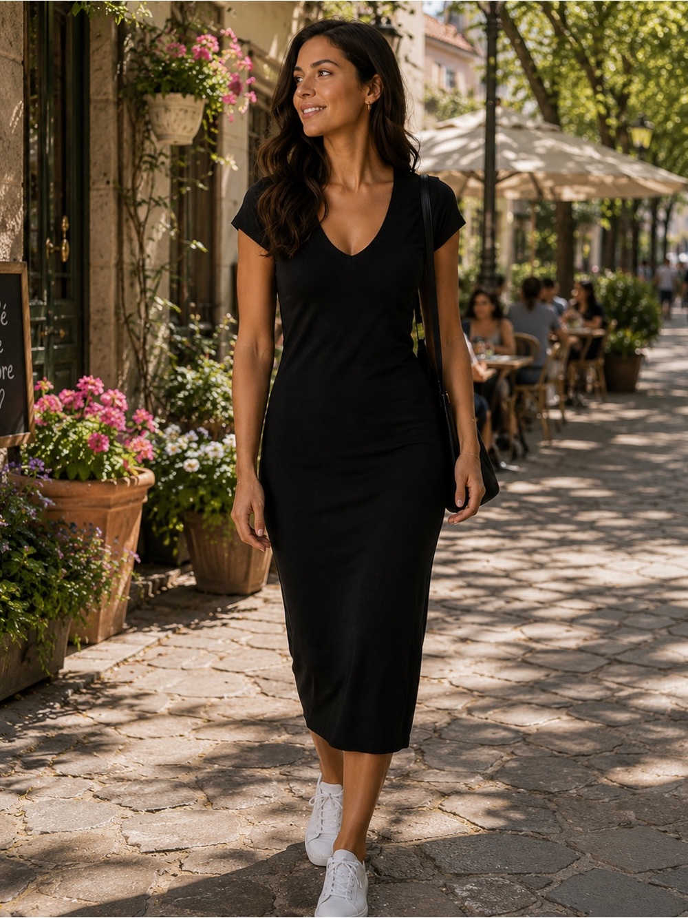 Black V-Neck Short Sleeve Women’s Midi Dress